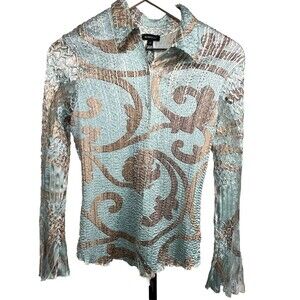 Komarov Designer Blue Button Blouse M Crinkle‎ Lace Bell Sleeve Ruffle USA Made
